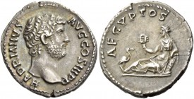 Hadrian augustus, 117 – 138. Denarius 134-138, AR 3.10 g. HADRIANVS – AVG COS III P P Laureate head r. Rev. AEGYPTOS Egypt reclining l., holding sistr...