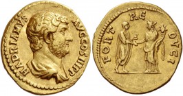 Hadrian augustus, 117 – 138. Aureus circa 134-138, AV 7.30 g. HADRIANVS – AVG COS III P P Bare-headed and draped bust r. Rev. FORT – RE – DVCI Hadrian...