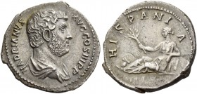 Hadrian augustus, 117 – 138. Denarius 134-138, AR 2.98 g. HADRIANVS – AVG COS III P P Bare-headed and draped bust r. Rev. HISPANI – A Hispania reclini...