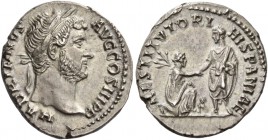 Hadrian augustus, 117 – 138. Denarius 134-138, AR 3.50 g. HADRIANVS – AVG COS III P P Laureate head r. Rev. RESTITVTORI – HISPANIAE Hadrian, togate, s...