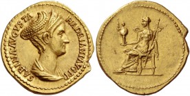 Sabina, wife of Hadrian. Aureus 128-136, AV 7.17 g. SABINA AVGVSTA – HADRIANI AVG P P Draped bust r. with hair waved, rising into crest on top above d...
