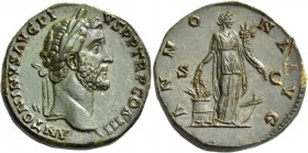 Antoninus Pius augustus, 138 – 161. Sestertius 140-144, Æ 24.44 g. ANTONINVS AVG PI – VS P P TR P COS III Laureate head r. Rev. ANNO – NA [A]VG S –– C...