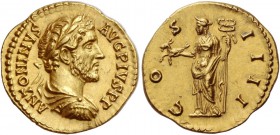 Antoninus Pius augustus, 138 – 161. Aureus 145-161, AV 7.48 g. ANTONINVS – AVG PIVS P P Laureate, draped and cuirassed bust r. Rev. CO – S I – III Fel...