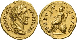 Antoninus Pius augustus, 138 – 161. Aureus 145-161, AV 7.40 g. ANTONINVS – AVG PIVS P P Laureate, draped and cuirassed bust r. Rev. TR PO – T – COS II...