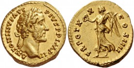 Antoninus Pius augustus, 138 – 161. Aureus 156-157, AV 7.26 g. ANTONINVS AVG – PIVS P P IMP II Laureate head r. Rev. TR POT X – X – COS IIII Victory a...