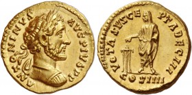 Antoninus Pius augustus, 138 – 161. Aureus 145-161, AV 7.37 g. ANTONINVS – AVG PIVS PP Laureate and cuirassed bust r., with drapery on l. shoulder. Re...