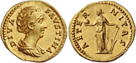 Faustina I, wife of Antoninus Pius. Diva Faustina. Aureus after 141, AV 7.29 g. DIVA – FAVSTINA Draped bust r., hair waved and coiled on top of head. ...