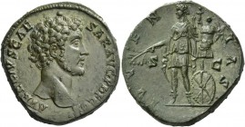 Marcus Aurelius caesar, 139 – 161. Sestertius 140-144, AE 27.32 g. AVRELIVS CAE - SAR AVG PII F COS Bare head r. Rev. IVV – EN – TAS S – C Juventas st...