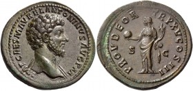 Marcus Aurelius augustus, 161 – 180. Sestertius March-December 161, Æ 24.55 g. IMP CAES M AVREL ANTONINVS AVG P M Bare-headed bust r., drapery on far ...