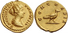 Faustina II, daughter of Antoninus Pius and wife of Marcus Aurelius. Aureus 152-153, AV 7.02 g. FAVSTINA AVG – PII AVG FIL Draped bust r., hair coiled...