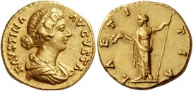 Faustina II, daughter of Antoninus Pius and wife of Marcus Aurelius. Aureus 161-176, AV 6.76 g. FAVSTINA – AVGVSTA Draped bust r. Rev. LAETI – TIA Lae...