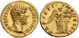 Lucius Verus, 161 – 169. Aureus 163-164, AV 7.30 g. L VERVS AVG – ARMENIACVS Bare head r. Rev. TR P IIII – IMP II COS II Victory standing r., placing ...