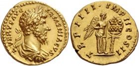 Lucius Verus, 161 – 169. Aureus 163-164, AV 7.30 g. L VERVS AVG – ARMENIACVS Laureate, draped and cuirassed bust r. Rev. TR P IIII·IMP II COS II Victo...