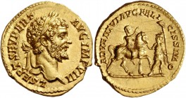 Septimius Severus augustus, 193 – 211. Aureus 196-197, AV 7.44 g. L SAEPT SEV PERT – AVG IMP VII Laureate head r. Rev. ADVENTVI AVG FELI – CISSIMO Sep...