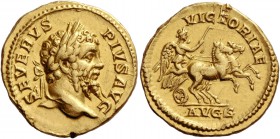Septimius Severus augustus, 193 – 211. Aureus 202-210, AV 7.31 g. SEVERVS – PIVS AVG Laureate head r. Rev. VICTORIAE Victoria, holding whip, in pranci...