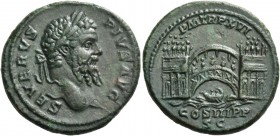 Septimius Severus augustus, 193 – 211. As 208, Æ 10.28g. SEVERVS – PIVS AVG Laureate head r. Rev. P M TR P XVI COS III P P S C Bridge with arches, tow...