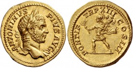 Caracalla augustus, 198 – 217. Aureus 209, AV 7.16 g. ANTONINVS – PIVS AVG Laureate bust r., with drapery on l. shoulder. Rev. PONTIF – TR P XII – COS...