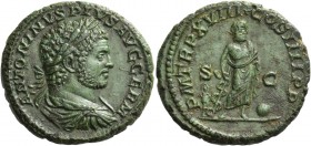 Caracalla augustus, 198 – 217. As 215, Æ 7.43g. ANTONINVS PIVS AVG GERM Laureate, draped, and cuirassed bust r. Rev. P M TR P XVIII COS III P P / S – ...