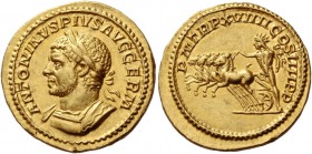 Caracalla augustus, 198 – 217. Aureus 216, AV 6.43 g. ANTONINVS PIVS AVG GERM Laureate and cuirassed bust l., with drapery on r. shoulder. Rev. P M TR...