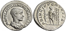 Diadumenian caesar, 217-218. Denarius circa 217-218, AR 3.75 g. M OPEL ANT DIADVMENIAN CAES Bare-headed and draped bust r. Rev. PRINC IVVENTVTIS Diadu...