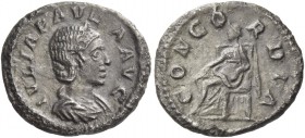 Julia Paula, first wife of Elagabalus. Quinarius 219-220, AR 1.20 g. IVLIA PAVL – A AVG Draped bust r. Rev. CONCO – RDIA Concordia seated l. C 7 var. ...