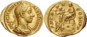 Severus Alexander, 222 – 235. Aureus 226, AV 6.00 g. IMP C M AVR SEV – ALEXAND AVG Laureate, draped and cuirassed bust r. Rev. P M TR – P V – COS II P...