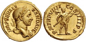 Severus Alexander, 222 – 235. Aureus 230, AV 5.98 g. I MP SEV ALE – XAND AVG Laureate bust r., with drapery on l. shoulder. Rev. P M TR P VIIII – CO –...