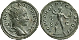Severus Alexander, 222 – 235. Dupondius 232, Æ 12.18 g. IMP ALEXANDER PIVS AVG Radiate bust r., with drapery on l. shoulder. Rev. IOVI PRO – PVGN – AT...