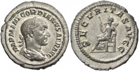 Gordian I, 1– 22 April 238. Denarius 238, AR 3.21 g. IMP M ANT GORDIANVS AFR AVG Laureate, draped and cuirassed bust r. Rev. SECVRITAS AVGG Securitas ...