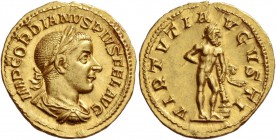 Gordian III augustus, 238 – 244. Aureus 241-243, AV 5.30 g. IMP GORDIANVS PIVS FEL AVG Laureate, draped and cuirassed bust r. Rev. VIRTVTI AVGVSTI Her...
