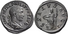 Philip I, 244 – 249. Sestertius 244, Æ 23.05 g. IMP M IVL PHILIPPVS AVG Laureate, draped and cuirassed bust r. Rev. SALVS AVG S – C Salus standing l.,...