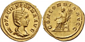 Otacilia Severa, wife of Philip I. Aureus circa 246–248, AV 5.22 g. M·OTACIL SEVERA AVG Diademed and draped bust r. Rev. CONCORDIA AVGG Concordia seat...