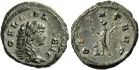 Gallienus, sole reign 260 – 268. Quinarius, Mediolanum 266-268, Æ 1.80 g. GAL[LI]EN[VS] AVG Draped and cuirassed bust r., wearing lion skin headdress....