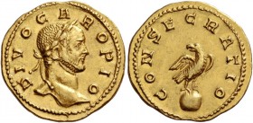 Carus, 282 – 283. Divo Caro. Aureus, Lugdunum end 284, AV 4.38 g. DIVO CARO PIO Laureate head r. Rev. CONSECRATIO Eagle standing r. on globe, looking ...