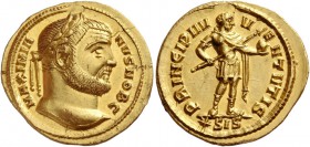 Galerius Maximianus caesar, 293 – 305. Aureus, Siscia 295-296, AV 5.99 g. MAXIMIA – NVS NOB C Laureate head r. Rev. PRINCIPI IV – V – ENTVTIS The Prin...