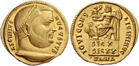 Licinius I, 308 – 324. Aureus, Nicomedia 317-318, AV 5.27 g. LICINIVS – AVGVSTVS Laureate head r. Rev. IOVI CONS – LICINI AVG Jupiter, nude to waist, ...