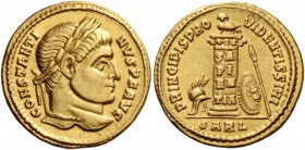 Constantine I, 307 – 337. Solidus, Arles 313, AV 4.30 g. CONSTANTI – NVS P F AVG Laureate head r. Rev. PRINCIPIS PROVIDENTISSIMI Owl standing l. on co...