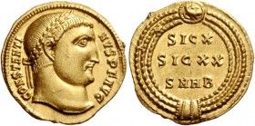 Constantine I, 307 – 337. Aureus, Heraclea circa 315-316, AV 5.36 g. CONSTANTI – NVS P F AVG Laureate head r. Rev. SIC / X / SIC XX / SMHB within wrea...
