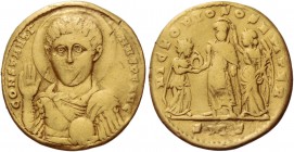 Constantine I, 307 – 337. Solidus, Ticinum July to end 316, AV 3.77 g. CONSTANTI – NVS P F AVG Nimbate, draped and cuirassed bust facing, slightly l.,...
