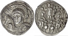 Constantine I, 307 – 337. Medallion, Ticinum 315, AR 6.08 g. IMP CONSTANT – INVS P F AVG Cuirassed bust three-quarters facing, wearing high-crested he...