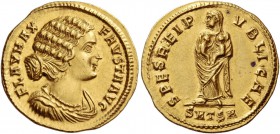 Fausta, wife of Constantine I. Solidus, Thessalonica 324, AV 4.41 g. FLAV MAX – FAVSTA AVG Draped bust r. Rev. SPES REIP – VBLICAE Empress, veiled, st...