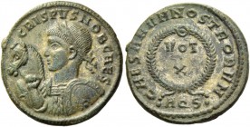 Crispus caesar, 316 – 326. Follis Aquilea 320, Æ 3.01 g. CRISPVS NOB CAES Laureate and cuirassed bust l., shield on l. arm, holding horse by bridle wi...