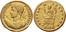 Crispus caesar, 316 – 326. Solidus, Sirmium circa 323, AV 4.39 g. FL IVL CRIS – PVS NOB CAES Nude and laureate bust l., holding spear pointing forward...