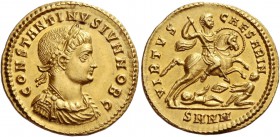 Constantine II caesar, 316 – 337. Solidus, Nicomedia 324-325, AV 4.49 g. CONSTANTINVS IVN NOB C Laureate, draped and cuirassed bust r. Rev. VIRTVS CAE...