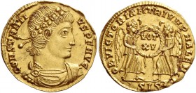 Constantius II caesar, 324 – 327. Semissis, Siscia 337-340, AV 2.28 g. CONSTANTIVS PF AVG Rosette diademed, draped and cuirassed bust r. Rev. OB VICTO...