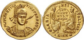 Constantius II caesar, 324 – 327. Solidus, Sirmium 351-355, AV 4.46 g. FL IVL CONSTAN – TIVS PERP AVG Diademed, draped and cuirassed bust facing, hold...