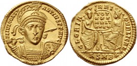 Constantius II caesar, 324 – 327. Solidus 355–357, AV 4.44 g. FL IVL CONST – ANTIVS P F AVG Diademed, draped and cuirassed bust facing, holding spear ...