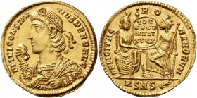 Constantius II caesar, 324 – 327. Solidus 357, AV 4.44 g. FL IVL CONSTAN – TIVS PERP AVG Pearl-diademed bust l., wearing consular robes and holding ma...