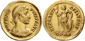 Procopius, 365 – 366. Solidus, Constantinopolis 366, AV 4.47 g. D N PROCO – PIVS P F AVG Pearl-diademed, draped and cuirassed bust r. Rev. REPARATI – ...