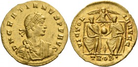Gratian, 367 – 383. Solidus, Treveri 367-373, AV 4.47 g. D N GRATIANVS P F AVG Pearl-diademed, draped and cuirassed bust r. Rev. VICTOR – IA AVGG Two ...